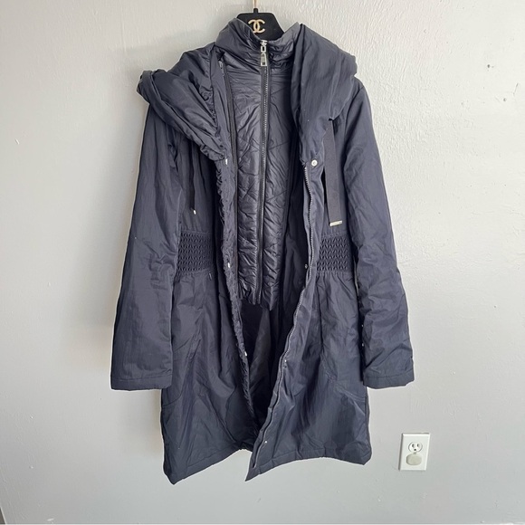 T Tahari Hooded Ribbed-Trim A-Line Jacket, Navy - Picture 10 of 14